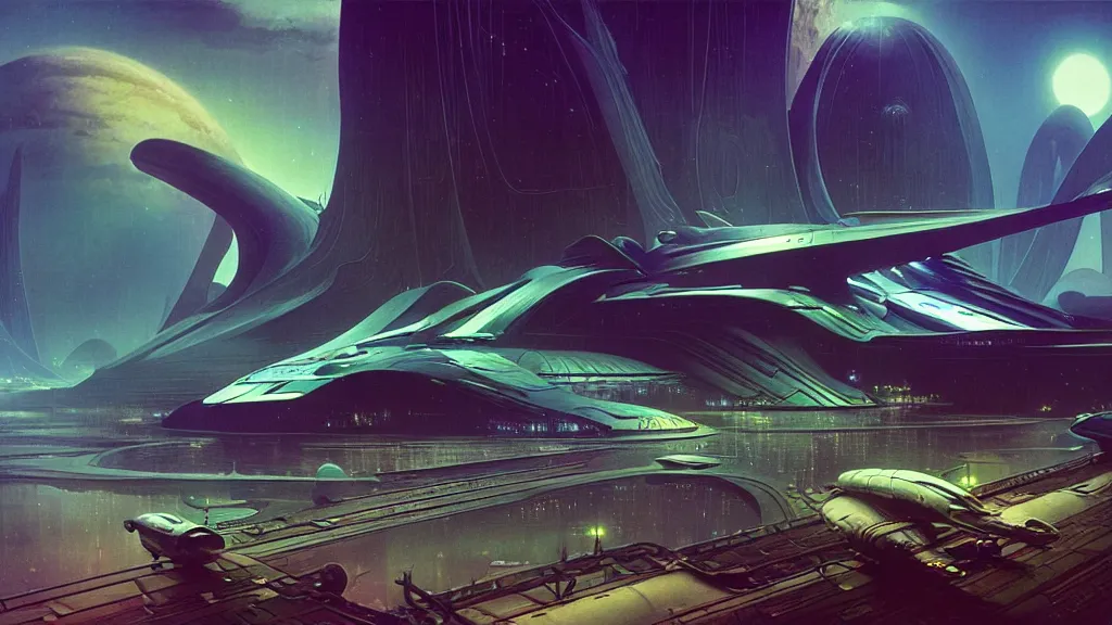 Image similar to digital render space science fiction digital matte painting bruce pennington, zaha hadid, beeple, john schoenher, syd mead, alphonse mucha