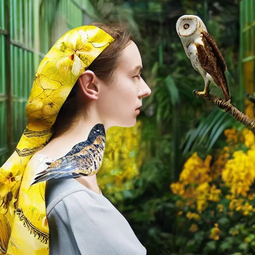 Image similar to head to shoulder portrait photograph of an elegant top model wearing a yellow kimono with a very detailed barn owl on her shoulder!!! in a tropical greenhouse. looking at the camera!!. super resolution. Graflex. bokeh. by Alessio albi and john william waterhouse and John Singer Sargent