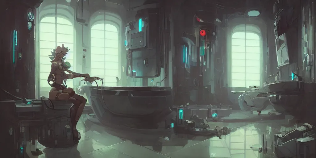 Image similar to bathroom interior, cyberpunk, lofi, detailed, loish, trends in artstation by peter mohrbacher,