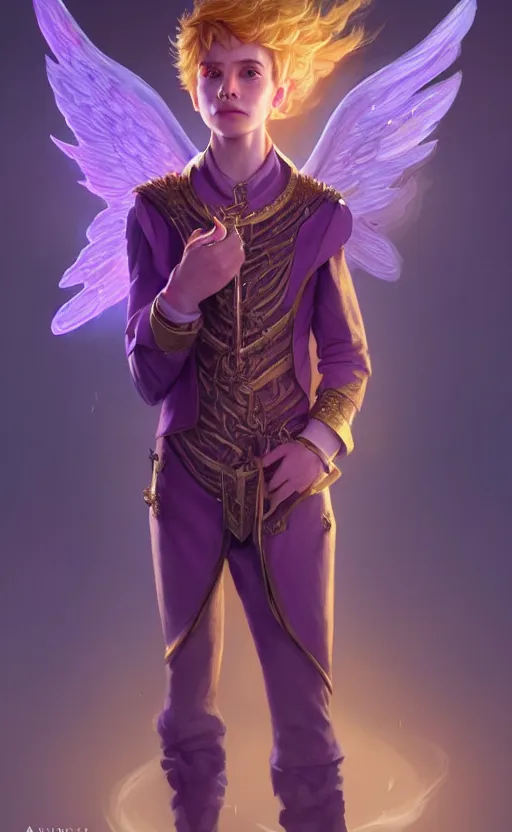 Prompt: a non - binary halfling with cropped hair, golden glowing angel wings on their back, wearing a purple smoking jacket, d & d, fantasy, intricate, elegant, highly detailed, digital painting, artstation, concept art, matte, sharp focus, illustration, art by artgerm and greg rutkowski