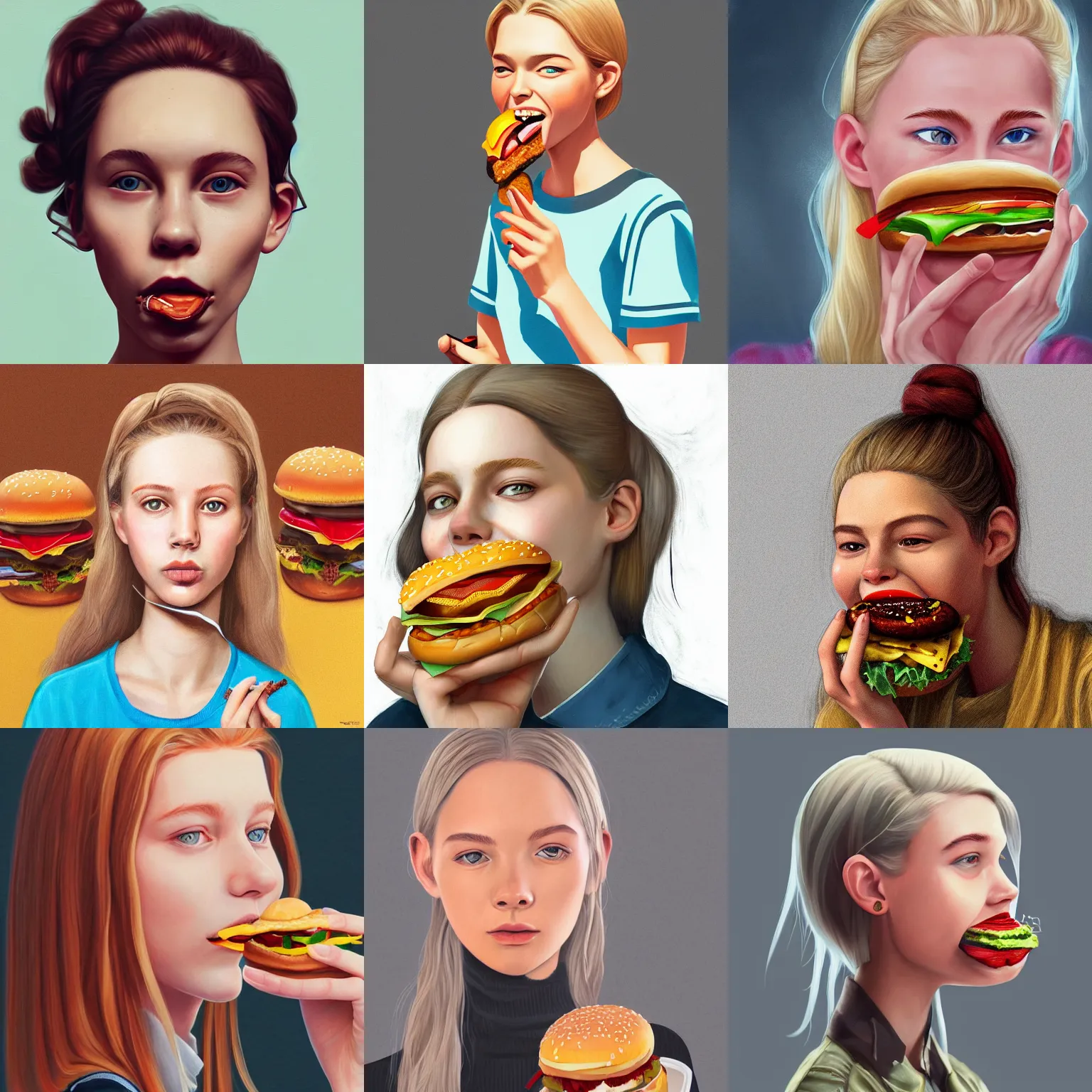 Prompt: portrait of hunter schafer eating a burger, intricate, highly detailed, digital painting, artstation, smooth, sharp focus, illustration