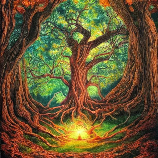 Prompt: A 100 year old ancient huge glowing tree, fantasy painting, lots of detail