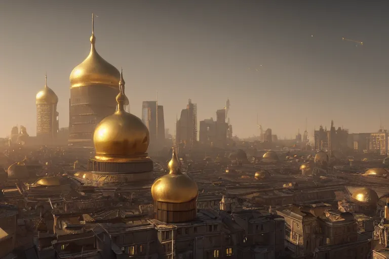 Image similar to dystopian russian cityscapes, golden domes, 8k, hyperrealistic, ultra sharp, octane render, unreal engine, light breaks through the roofs, artstation, very detailed, 16k, cinematic scenery,