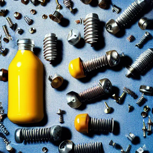 Prompt: a vibrant still life photograph of a bowl of milk with bolts and screws and nuts instead of cereal, kodak portra, studio lighting, f 1. 8, gastronomica magazine
