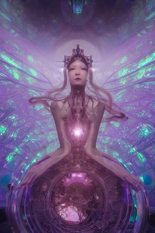 Image similar to A Weirdcore Mesmerizing 8k hyperrealistic Photo Portrait of The Biomechanic Empress Queen of Cosmic Creation, floating in forgotten Sentient iridescent mycelum solarpunk cathedral, Surrounded by Mist By Ayami Kojima, Daytoner, Greg Tocchini, James Jean,Yoshitaka Amano. Subsurface scattering. Octane Render.