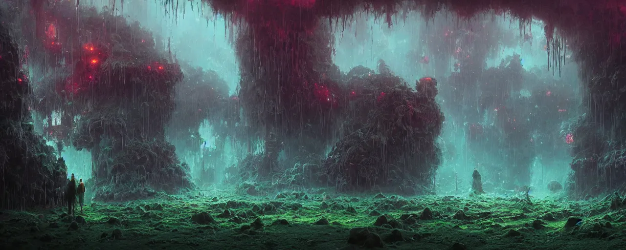 Prompt: ” fog, mycelium, roots, deep cavern, [ moist, wet, dripping, cinematic, detailed, epic, widescreen, opening, establishing, mattepainting, photorealistic, realistic textures, octane render, art by paul lehr ] ”