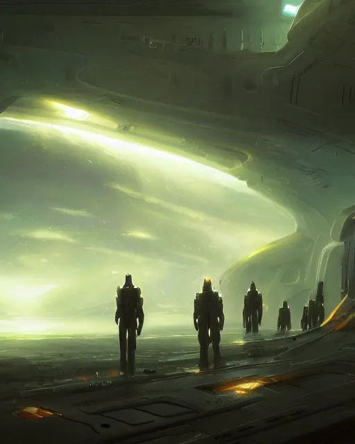 Image similar to A matted painting of Aliens of the Sun on a spaceship environment with expansive views of space, inspired by greg rutkowski and Keith Mallett, digital art, extremely moody lighting, glowing light and shadow, atmospheric, shadowy, cinematic