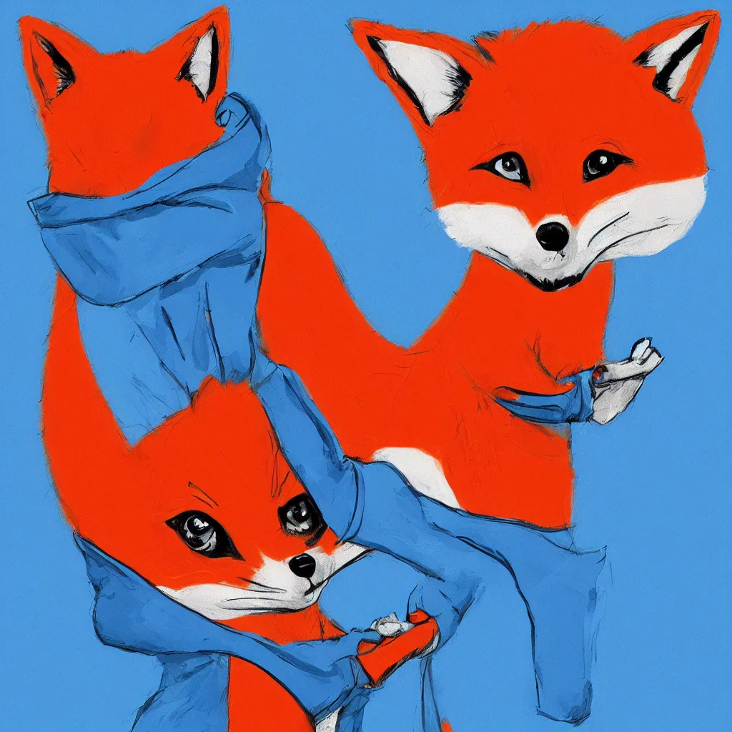 Image similar to a red fox in a blue hoodie on the white background holding a notebook, stroke painting, cartoon style, digital art picture, highly detailed, artstation