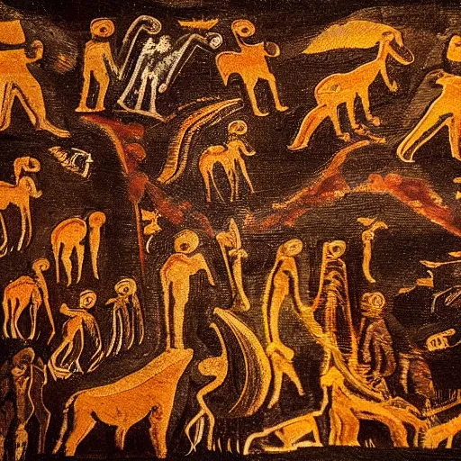 Image similar to cave painting, ultra hd, depiction of crosses and ufos, very detailed