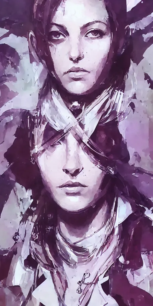 Image similar to a beautiful side portrait painting of an angelical nurse. she has a purple cross in her forehead. looks like an angel. art by yoji shinkawa and sandra chevrier, trending on artstation, award - winning, perfect composition.