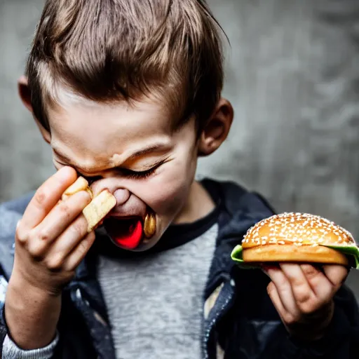 Prompt: he is eating a burger. he is eating it with his hands. he is eating it with his mouth. he is eating it with his teeth. he is eating it with his tongue. he is eating it with his lips. he is eating it with his cheeks