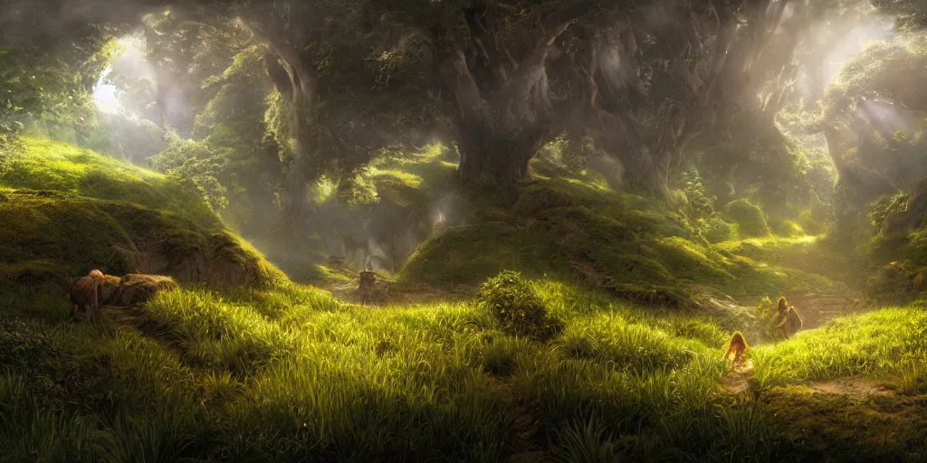 Image similar to lush and beautiful concept art for the shire, lord of the rings, peter jackson, studio ghibli, detailed, realistic lighting, volumetric lighting, golden hour,