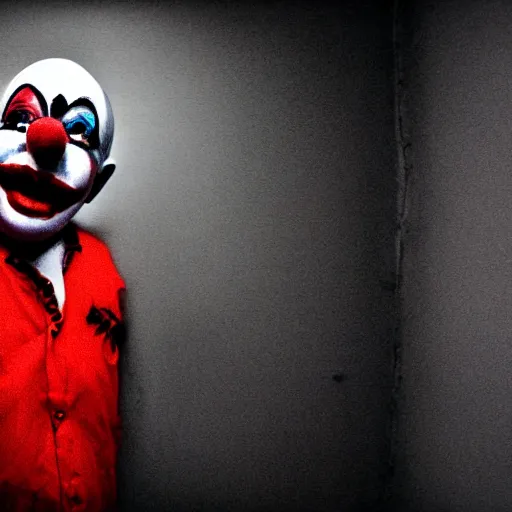 Prompt: terrifying clown in the corner of a dark room, creepypasta, blurry camera photo