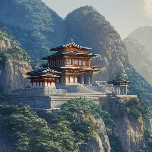 Image similar to concept art painting of a marble temple on top of a mountain, with greek and japanese architecture, overlooking a village in a valley, early morning, realistic, detailed, cel shaded, in the style of makoto shinkai and greg rutkowski and james gurney