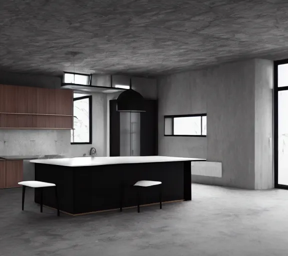 Image similar to brutalist black mansion luxury kitchen with 2 islands interior design minimalist organic, organic architecture furniture open space high quality octane render blender 8 k