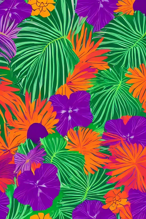 Image similar to moody vector illustration of tropical flowers and green leaves, multiple cohesive colors ranging from warms purples to bright oranges on a ((very dark background)), 4K resolution, HD wallpaper