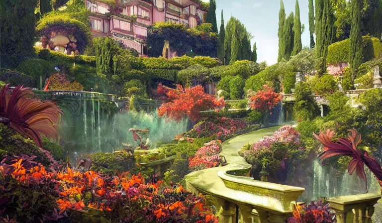 Image similar to dreamlike VILLA D'ESTE GARDENS fantasycore, glossy painting, Art Nouveau Cosmic 4k Detailed Matte Illustration featured on Getty Images ,CGSociety, Jade and Carrot orange color scheme, Pastiche by Marc Simonetti, Pastiche by Cedric Peyravernay