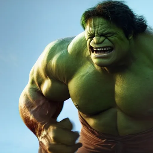 Image similar to Danny DeVito cast as The Hulk, still from marvel movie, hyperrealistic, 8k, Octane Render,