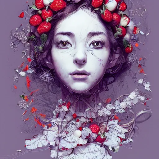 Image similar to the portrait of an absurdly beautiful, graceful, elegant, chaste, young woman made of strawberries and white petals looking up, an ultrafine detailed illustration by kim jung gi, irakli nadar, intricate linework, bright colors, octopath traveler, final fantasy, angular, unreal engine 5 highly rendered, global illumination, radiant light, detailed and intricate environment