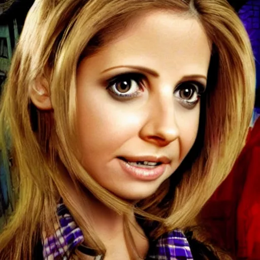 Prompt: Sarah Michelle gellar as daphne from Scrooby Doo movie tv still, photo, hyper realism, ultra detailed,