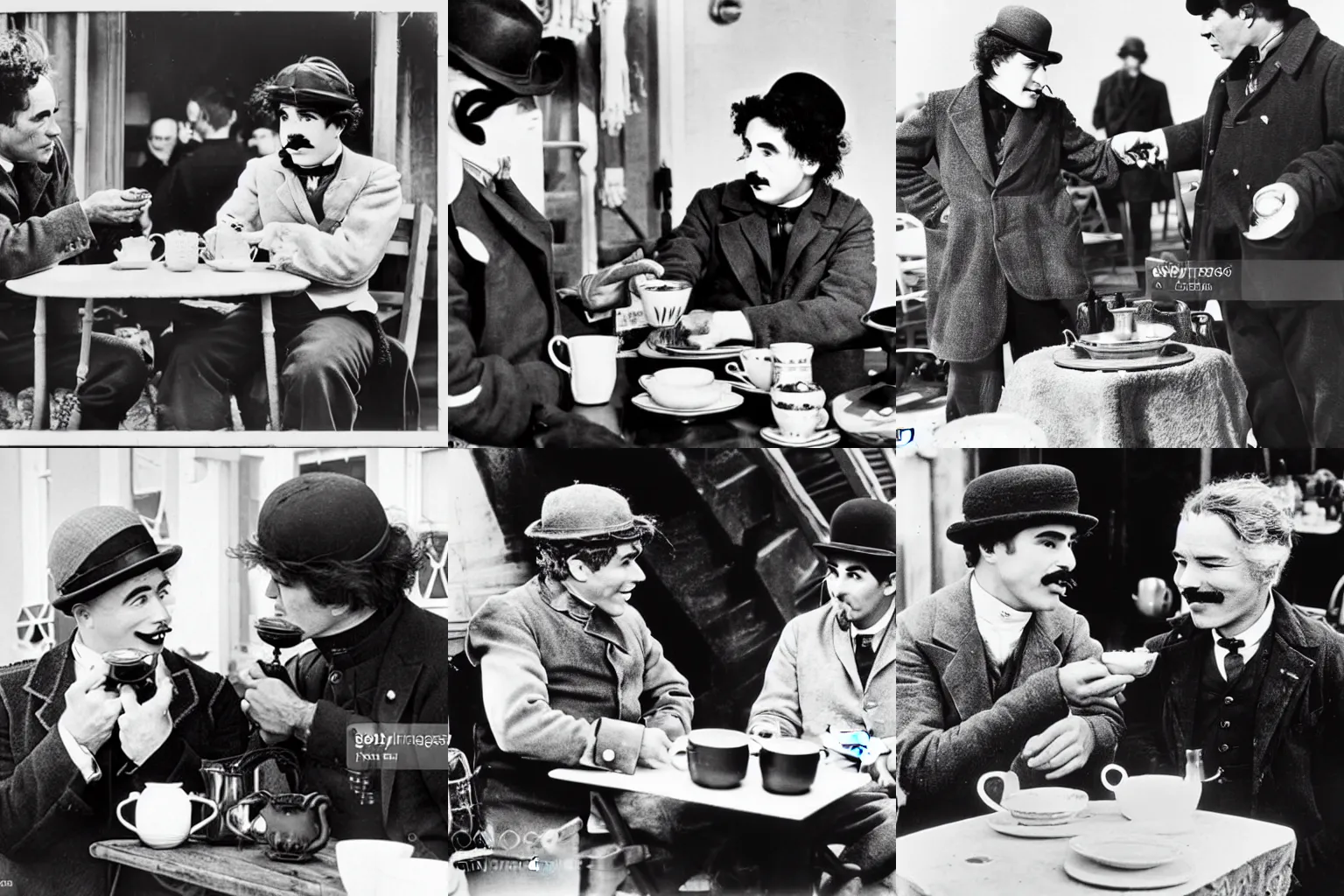 Prompt: photograph showing Charlie Chaplin having tea with Kurt Russel on the film set of The Thing, colorful, detailed, 4k