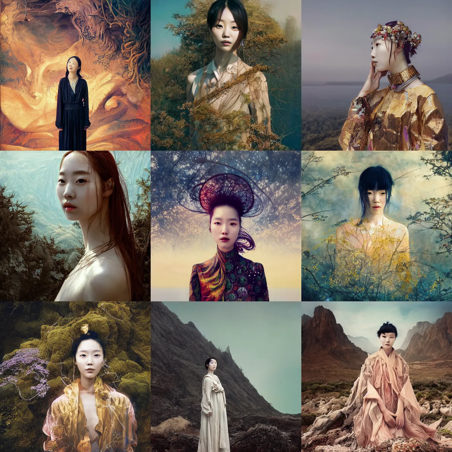 Prompt: allegorial portrait of a beautiful hoyeon jung in a scenic otherworldly environment by yoann lossel + martine johanna