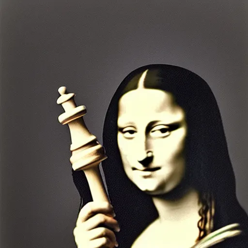 Image similar to Mona Lisa holding a chess piece, 35mm film, monochrome icon by Irving Penn