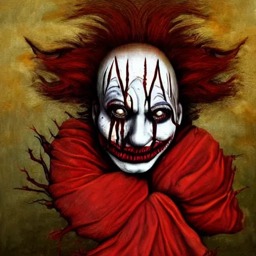 Prompt: nightmare clown drowning in his sorrows and depression, surrealist horror painting with soft, gothic red black and brown colors. soft paint strokes evoking profound sadness, killer clown spiraling into hopelessness. renaissance oil painting, incredibly detailed.