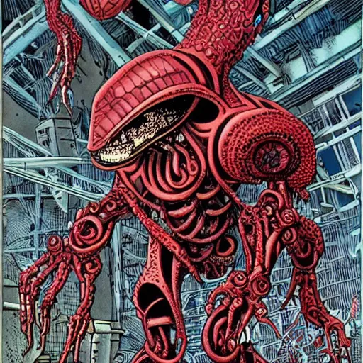 Image similar to a giant biomechanical alien monster by todd mcfarlane