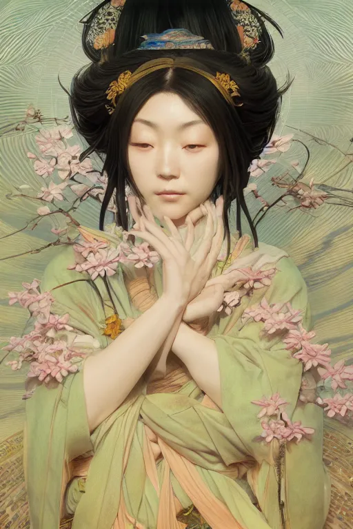 Image similar to Japanese goddess of nature, accurate anatomy, only two hands, highly detailed, digital painting, artstation, concept art, smooth, sharp focus, illustration, Unreal Engine 5, 8K, art by Ross Tran and greg rutkowski and alphonse Mucha