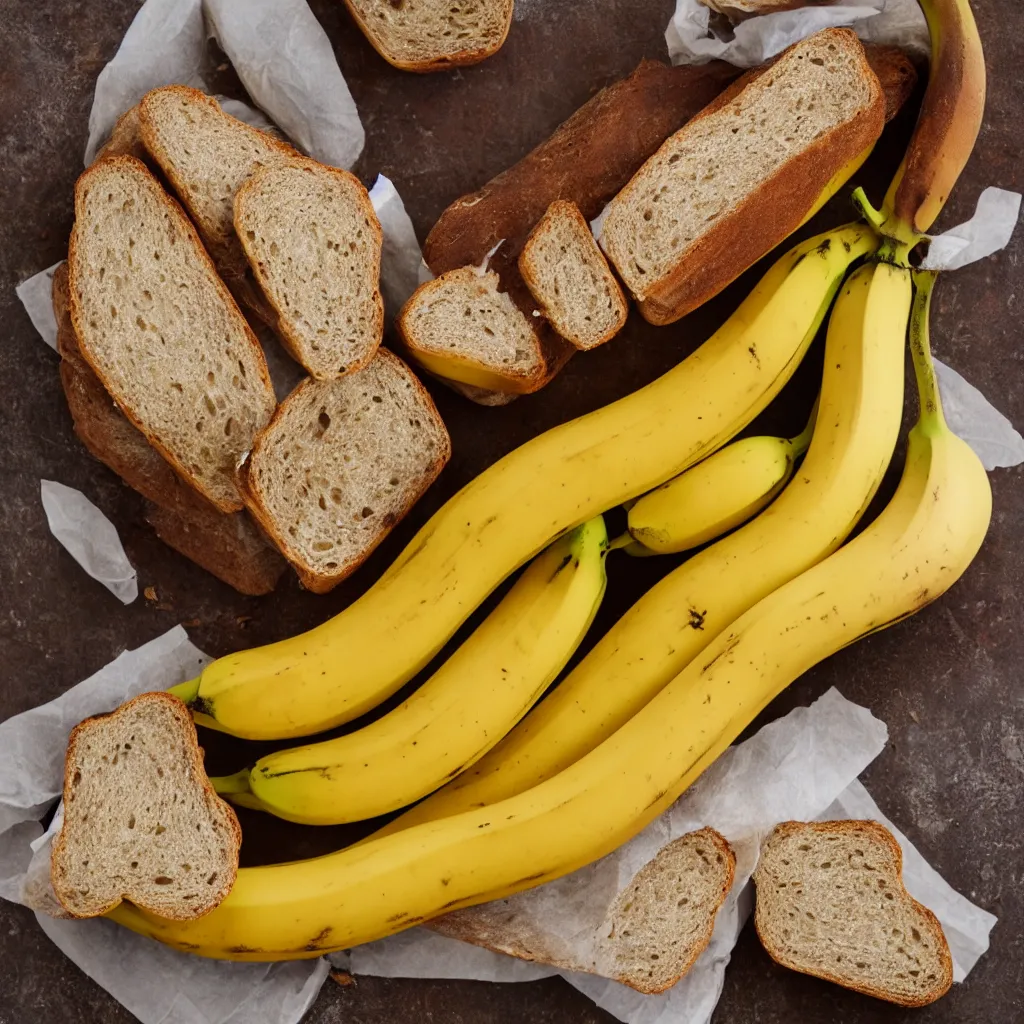 Image similar to bananas and bread bundled together with a paper banderole