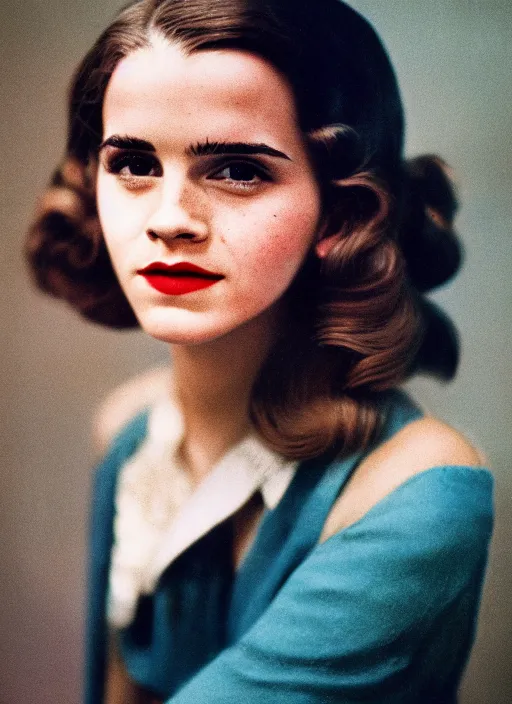 Image similar to Retro color photography 1940s portrait Hollywood headshot of Emma Watson Cinestill 800T, 1/2 pro mist filter, and 65mm 1.5x anamorphic lens