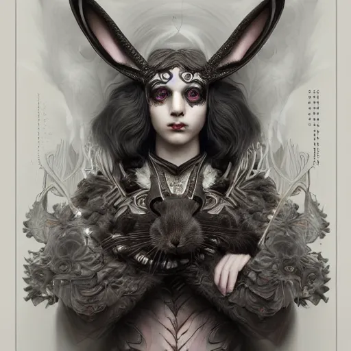 Image similar to tom bagshaw, soft painting fractal curiosities carnival, very beautiful female rabbit hybrid in full ornated nightshade armor, symmetry accurate features, focus, very intricate ultrafine details, black white purple volumetric clouds, award winning masterpiece, octane render 8 k hd
