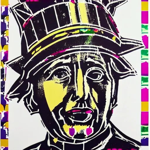 Image similar to portrait of pope benedict xvi wearing tiara on the top of his head in the style of screen print by andy warhol. pop art