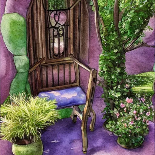 Image similar to delicate, mage enchanting chair, garden, paved, botanic watercolors, iridescent, 8 k, realistic shaded, fine details, artstation, italian, iron gate, tree, mediterranean