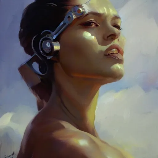 Image similar to Greg Manchess portrait painting of a woman cyborg, medium shot, asymmetrical, profile picture, Organic Painting, sunny day, Matte Painting, bold shapes, hard edges, street art, trending on artstation, by Huang Guangjian and Gil Elvgren and Sachin Teng