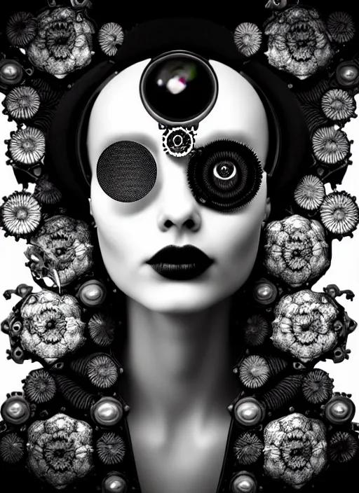 Image similar to black and white macabre masterpiece profile portrait, one steampunk eye silver hexagonal meshes floral biomechanical beautiful young female cyborg, big monocular, volumetric light, hibiscus flowers, by hg giger, rim light, big gothic fashion pearl embroidered collar, 8 k