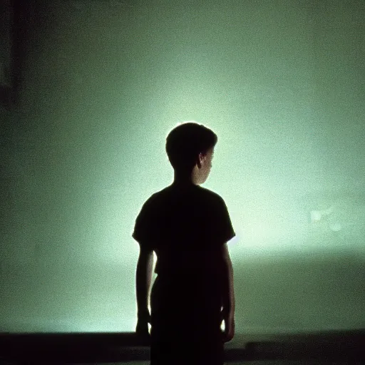 Prompt: movie scene of a glowing boy, movie still, cinematic composition, cinematic light, criterion collection, reimagined by industrial light and magic, Movie by David Lynch and Ridley Scott