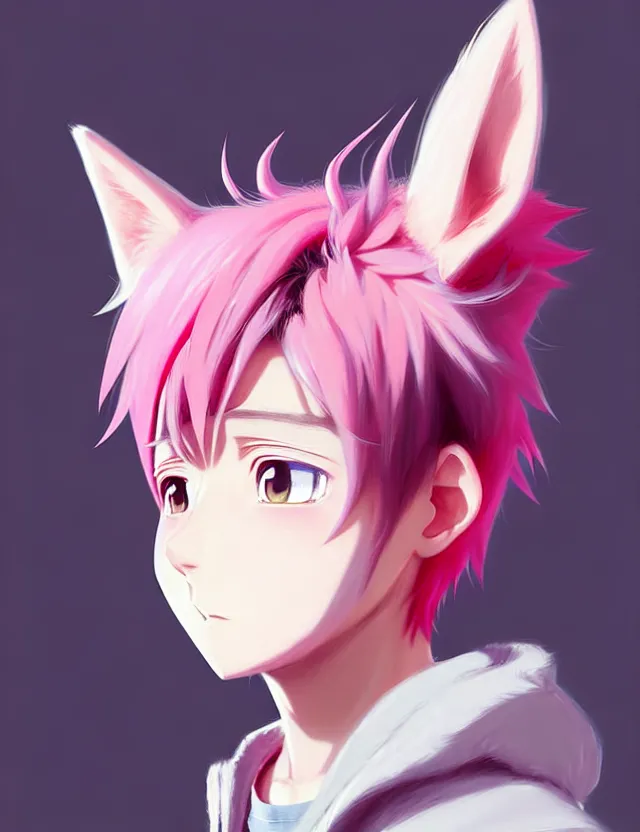 Image similar to portrait of a cute anime boy with pink hair and pink wolf ears and pink wolf tail wearing stylish clothes | | highly detailed digital art painting by ruan jia, cory loftis, jeremy mann. artstation, pinterest, volumetric lighting, subsurface scattering, photorealistic, octane render, random artists