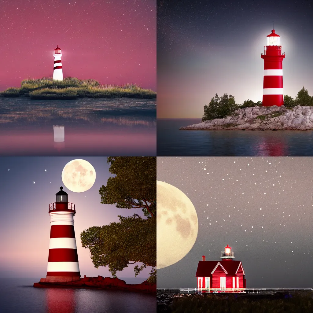 Prompt: A red and white striped lighthouse shining out onto the sea; a white house with a red roof with the lights on inside; thin dark trees behind; nighttime with stars behind; full moon;Octane 8K Rendering
