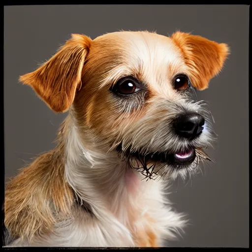 Image similar to studio portrait of a scruffy terrier-chihuahua mix with a tan face, white snout, and underbite