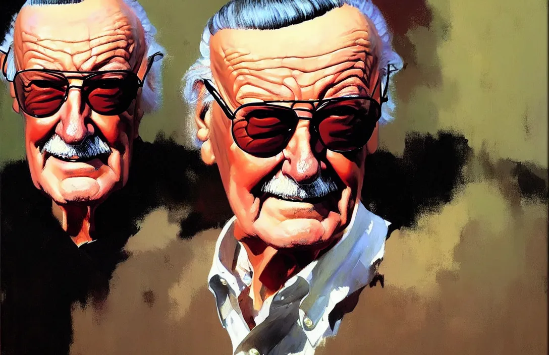 Image similar to portrait of stan lee!!!!!!!!!!!!!!!!!!!!!!!!!!!, detailed face, detailed painting, epic lighting, by ilya repin, phil hale and kent williams