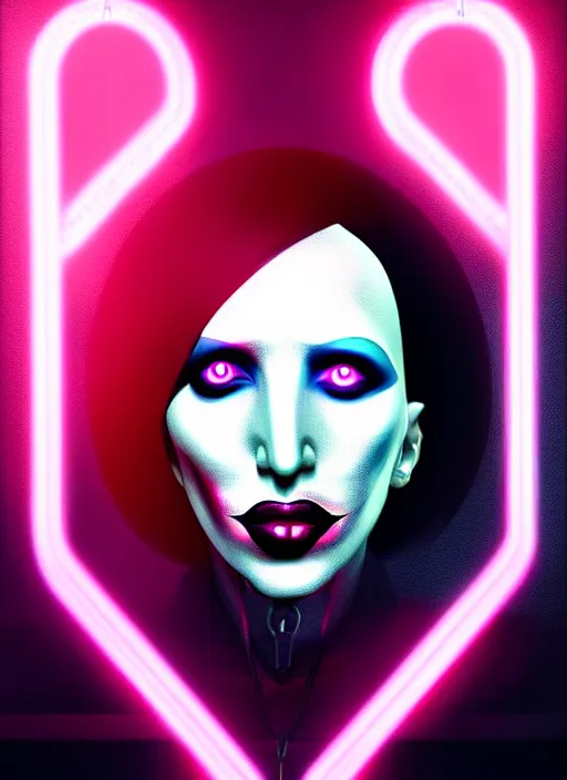 Image similar to portrait of marilyn manson cyber humanoid, intricate, elegant, cyber neon lights, highly detailed, digital painting, artstation, glamor pose, concept art, smooth, sharp focus, illustration, art by artgerm and greg rutkowski