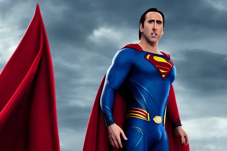 Image similar to film still of Nicolas Cage as Superman in Justice League movie, 4k