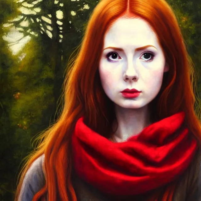 Prompt: Beautiful oil painting of Amy Pond by by Titian and Alexander Roslin and Chie Yoshii, portrait, red scarf, pale, black eyebrows, brown eyes, Doctor Who, symmetrical face, dramatic lighting, sharp focus, smooth, Karen Gillan, magical, forest background