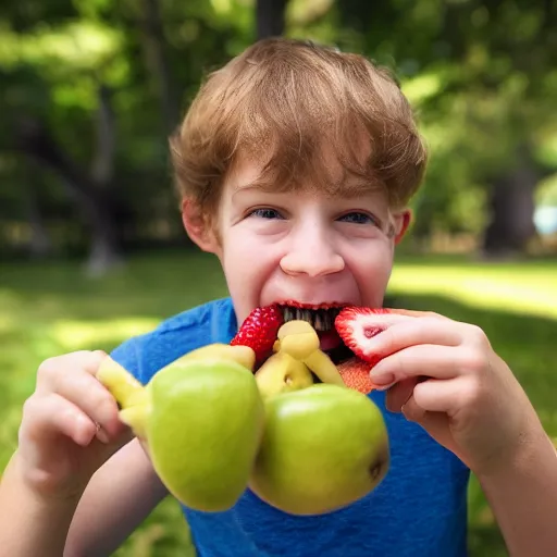 Image similar to long nose white boy eating fruit recklessly, photograph, caught in the moment, mid shot, photorealistic