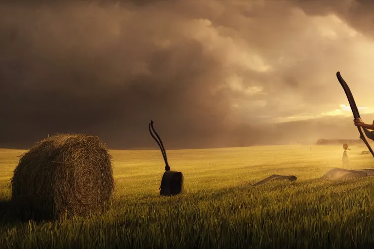 Image similar to concept art, a stage, man with scythe, mowing of the hay, traditional romanian clothing, dramatic lighting, beautiful, volumetric lighting, colorful, octane render