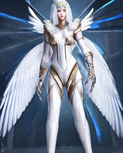 Image similar to perfect white haired attractive egyptian goddess with huge white dove wings, warframe armor, beautiful, symmetric, dreamy, half asian, pretty face, blue eyes, detailed, scifi platform, laboratory, experiment, 4 k, ultra realistic, epic lighting, android body, illuminated, cinematic, masterpiece, art by akihito tsukushi, voidstar