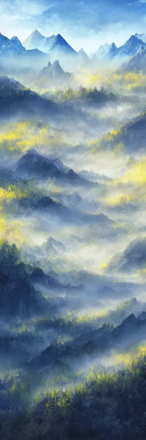 Image similar to magical landscape, mountains, misty, blue, yellow sky, digital art