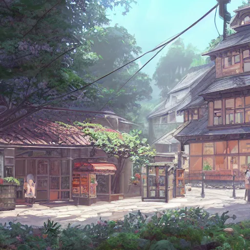 Image similar to concept art painting of a historic bakery with european and japanese architecture, in a woodland village surrounded by trees, realistic, detailed, cel shaded, in the style of makoto shinkai and greg rutkowski and james gurney